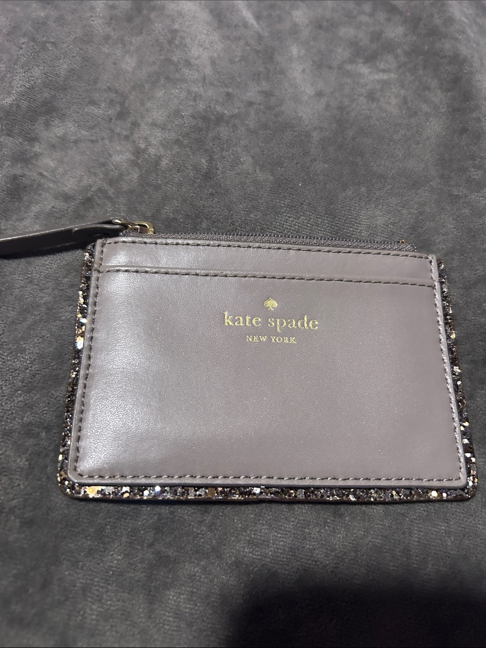 kate spade gray leather card case with glitter trim